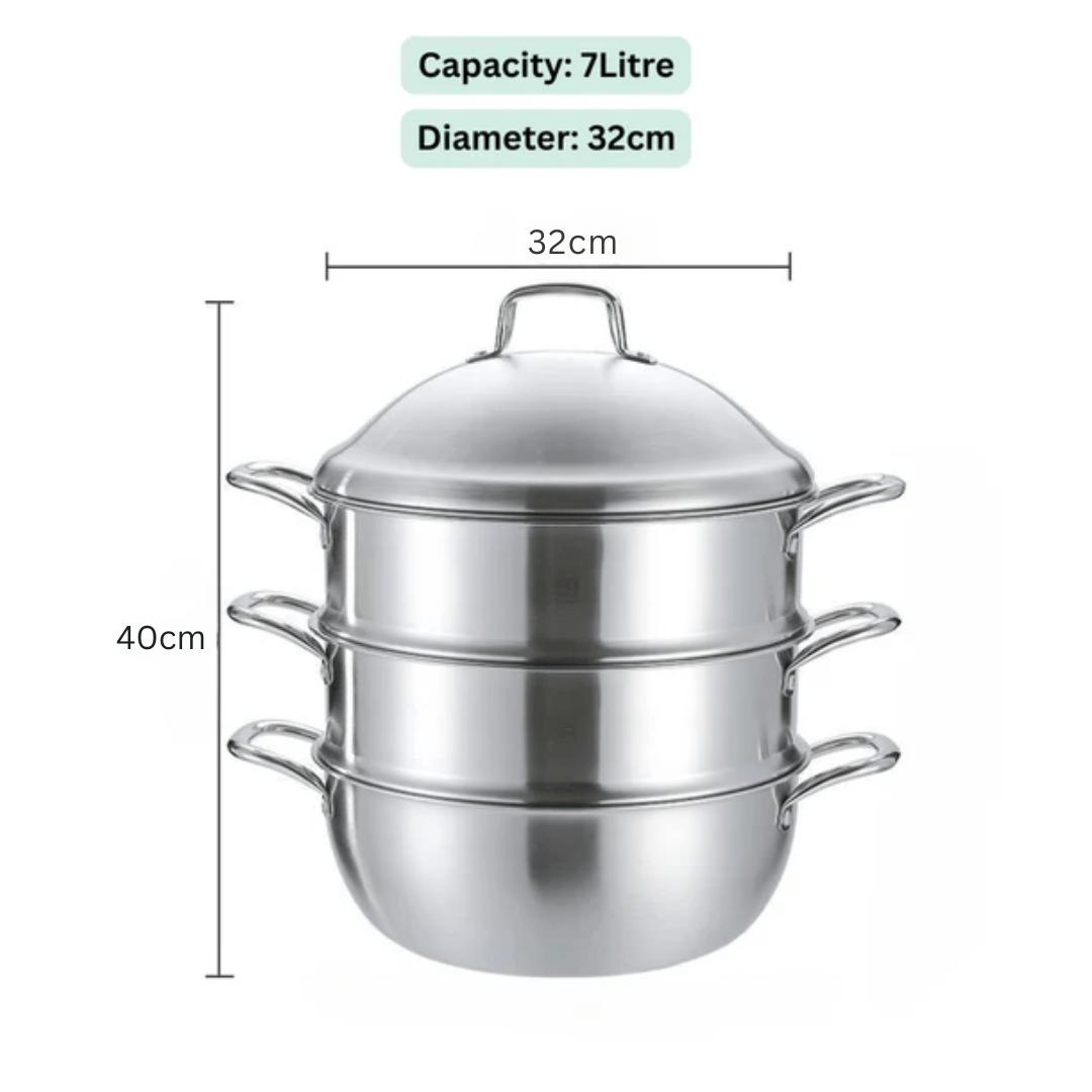 Multi-Purpose Stainless Steel 3-Tier Steaming Pot (32cm)