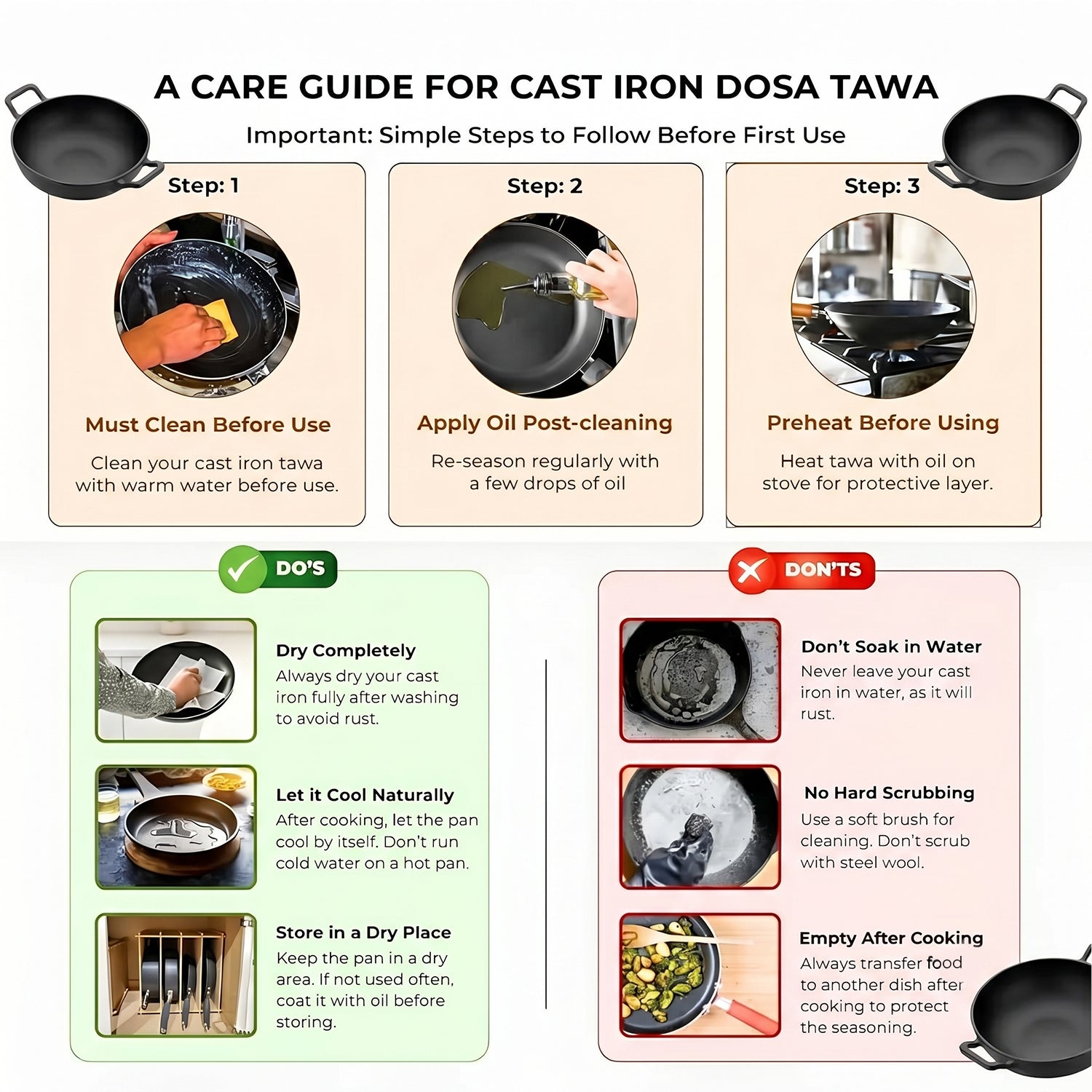 Heavy-Duty Natural Cast Iron Kadai with Silicone Grip(24cm)