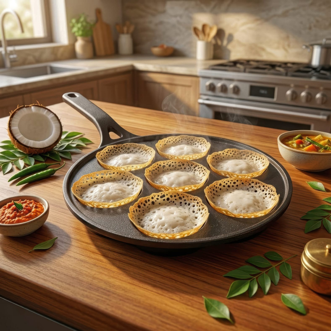 Heavy-Duty Cast Iron 7-Pit Appam Pan with Silicone Grip