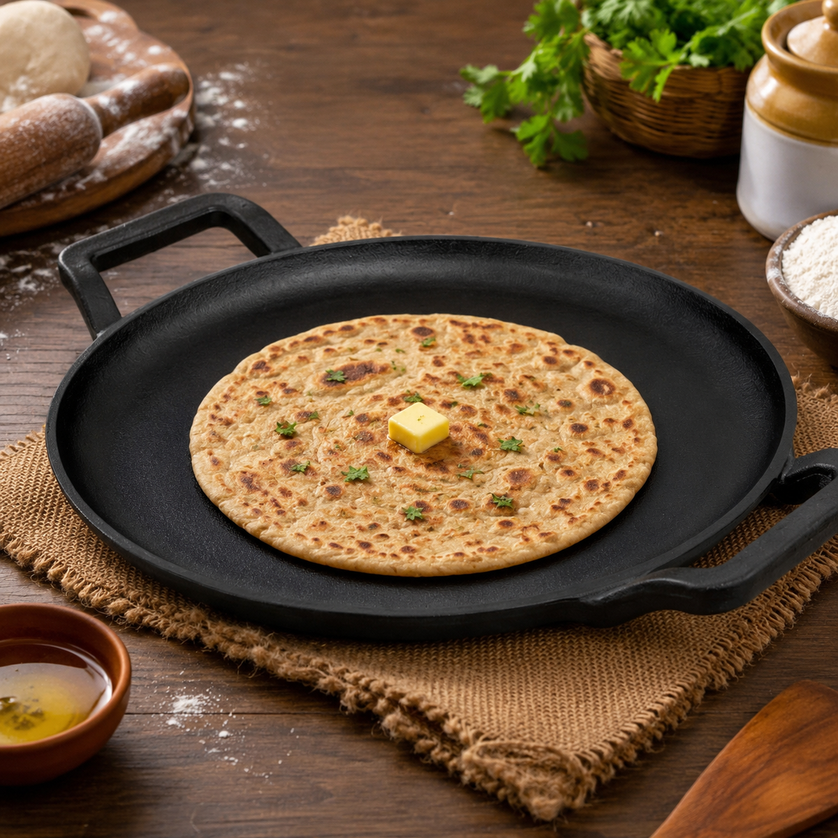 Premium Dual Handle Cast Iron Tawa with Silicone Grip(28cm)