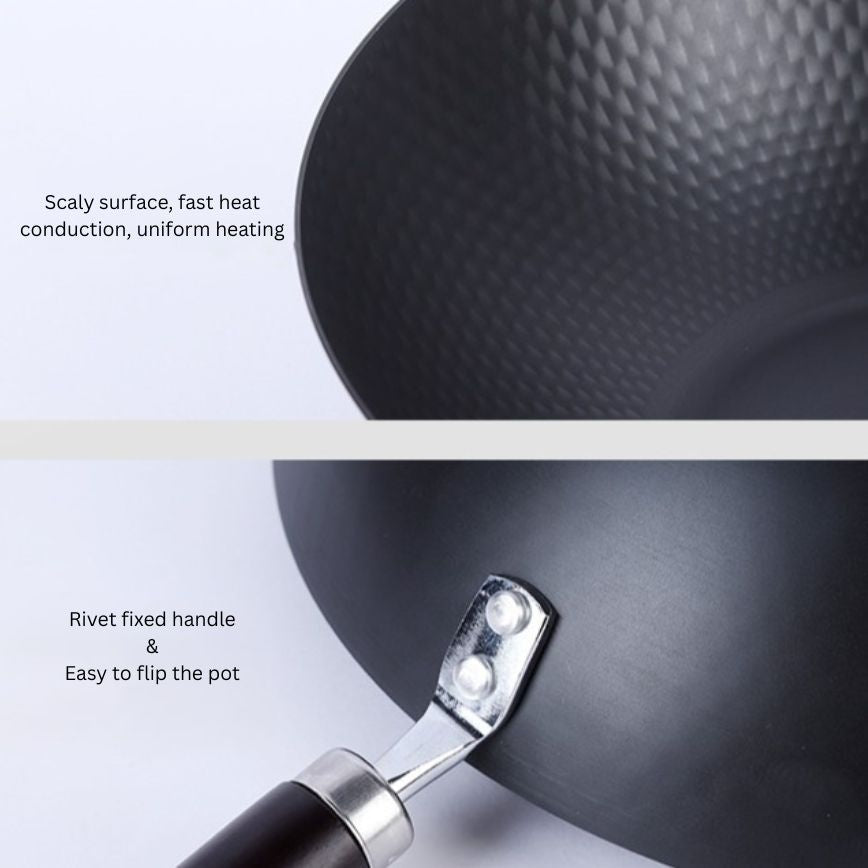 Traditional Uncoated Iron Wok with Wooden Handle & Glass Lid (30cm)